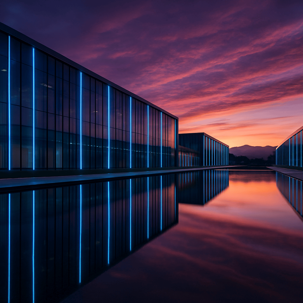 A modern data center campus reflected in water at dusk