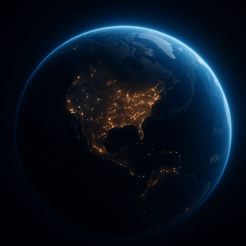 Earth viewed from space at night with North America glowing
