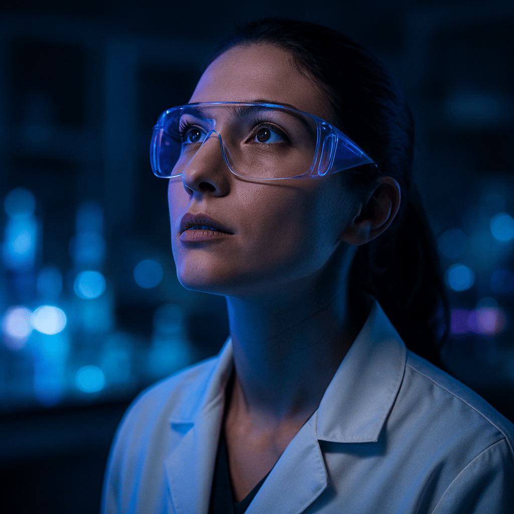 A researcher in a high-tech lab looking upward