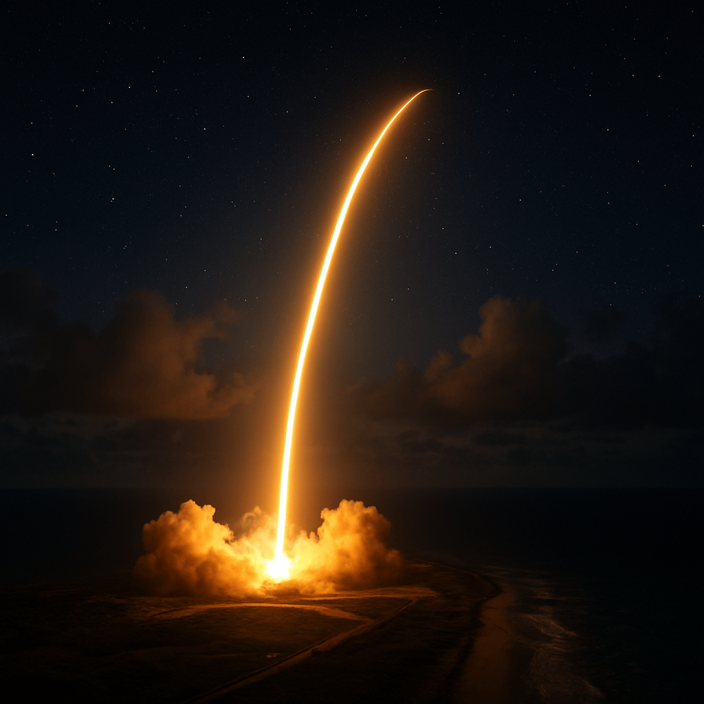A rocket launching at night with a glowing trail