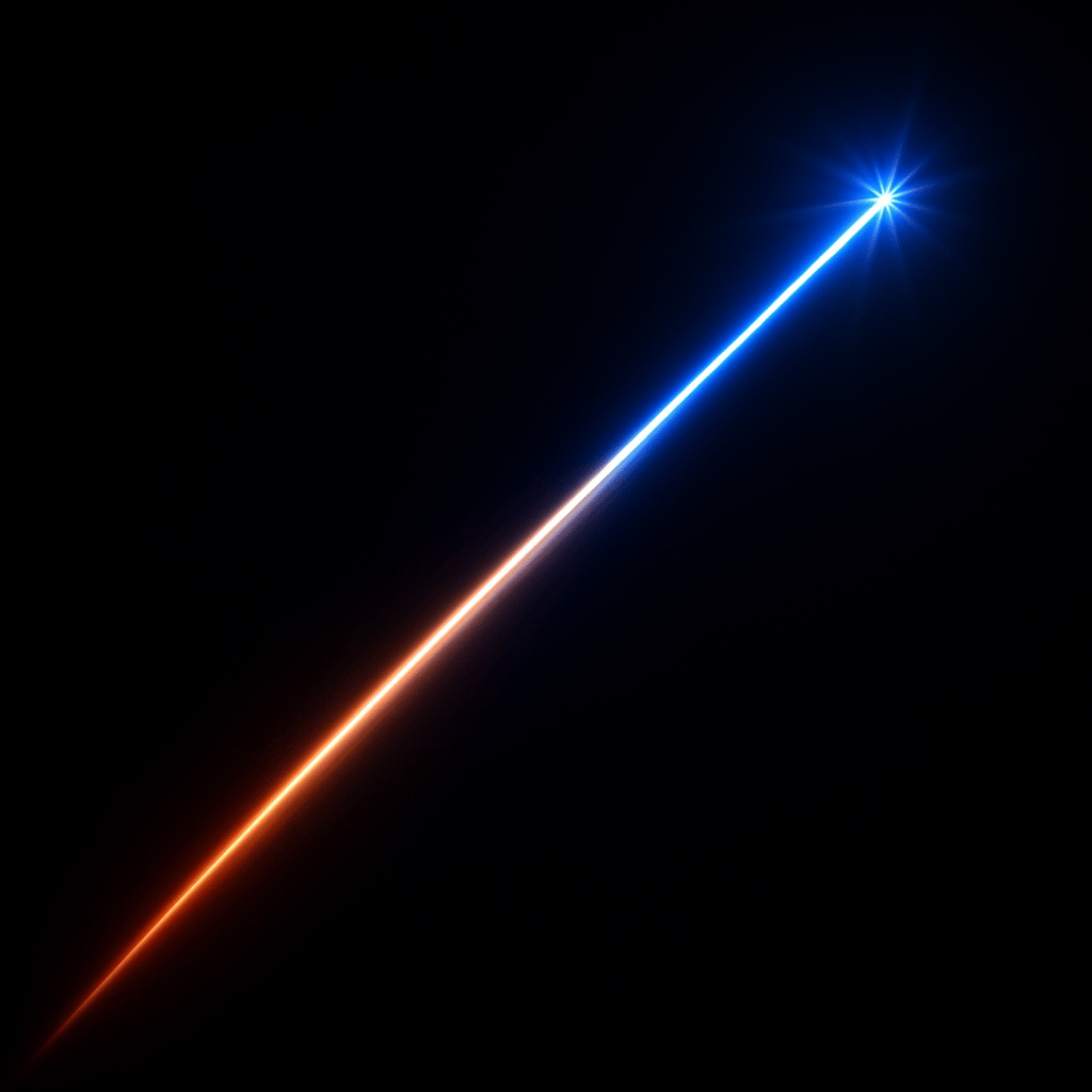 A light trail streaking from red into electric blue across black space